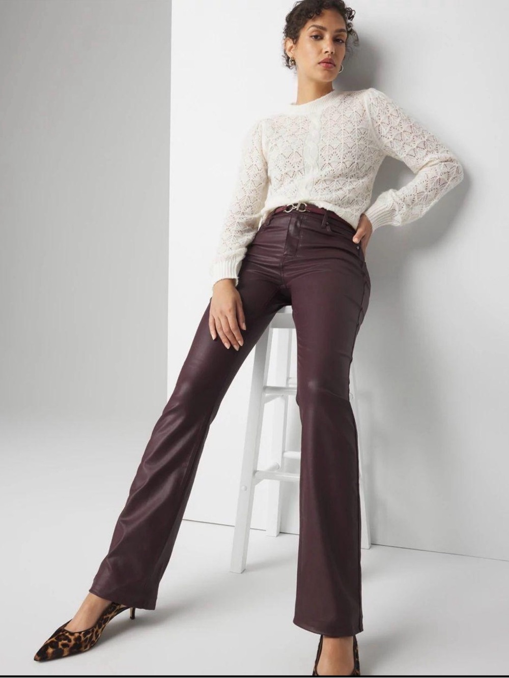 White House Black Market Women's Faux Leather Flare Jeans in Deep Wine